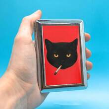 1 pieza Estuche de cigarrillos de metal con gato negro lindo - Caja de cigarrillos portátil con clip de resorte de doble cara - Multicolor - Ver 3