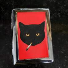 1 pieza Estuche de cigarrillos de metal con gato negro lindo - Caja de cigarrillos portátil con clip de resorte de doble cara - Multicolor - Ver 1