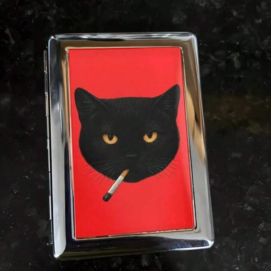 1 pieza Estuche de cigarrillos de metal con gato negro lindo - Caja de cigarrillos portátil con clip de resorte de doble cara - Multicolor - Ver 1