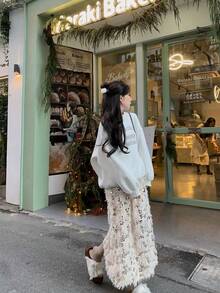 Korean Style Casual Sequin Knit A-Line Skirt With Elastic Waist, Versatile For Early Autumn - Apricot - View 4