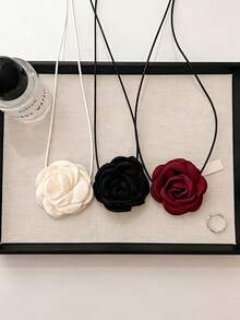 3pcs/Set Elegant Handmade 3D Camellia Flower Necklace, Fabric Floral Choker - Multicolor - View 2