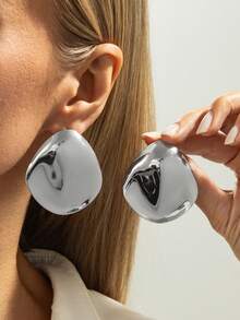 1 Pair Vintage Asymmetrical Smooth Metal Geometric Ellipse Tassel Pendant Earrings, Minimalist Fashionable Gold Earrings, Suitable For Daily Outfit, Party Accessories, Jewelry For Women (Some Earrings May Have Minor Scratches On The Surface, Which Is Normal) - Earrings - View 2