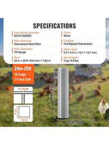 Hardware Cloth, 1/2 Inch 24in X 25 Ft 19 Gauge, Hot Dipped Galvanized Wire Mesh Roll, Chicken Wire Fencing, Wire Mesh For Rabbit Cages, Garden, Small Rodents - Silver - View 7