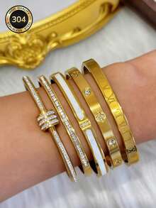 18K Gold Plated Women's Fashion Shiny Classic Bracelet Set, Luxury Quality, Full Diamond Sparkling Bracelet, One Diamond One Flower Design, Rotatable Roman Bracelet Set, Suitable For Daily Wear, Parties, Beach Vacation, Versatile Accessory, Ideal Gift For Birthday, Valentine's Day, Anniversary, Mother's Day, Graduation - Gold - View 3