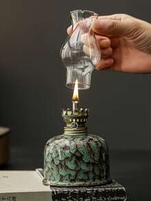 1pc Ceramic Kiln-Fired Glaze Oil Lamp With Lampshade, Adjustable Wick Camping Fuel Lamp, Indoor Ceramic Oil Lamp Candle Holder, Kerosene Lamp With Wick, Oil Lamp/Hurricane Lamp With Fire Control Knob - 1PC - View 6