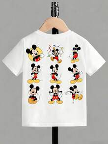 Disney Playful All-Over Print Mickey Mouse Multi-Expression Kids T-Shirt, Front & Back Print Crew Neck Short-Sleeve, Versatile Cotton Summer Top For Boys & Girls - 白色 - 查看 3