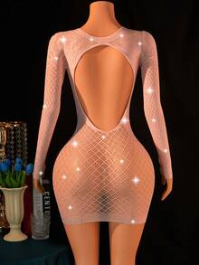 Women's Sexy Lingerie Seductive Mesh Rhinestone Dress Back Cutout See - Through Mini Dress Club Party Intimate Lingerie - Pink - View 2