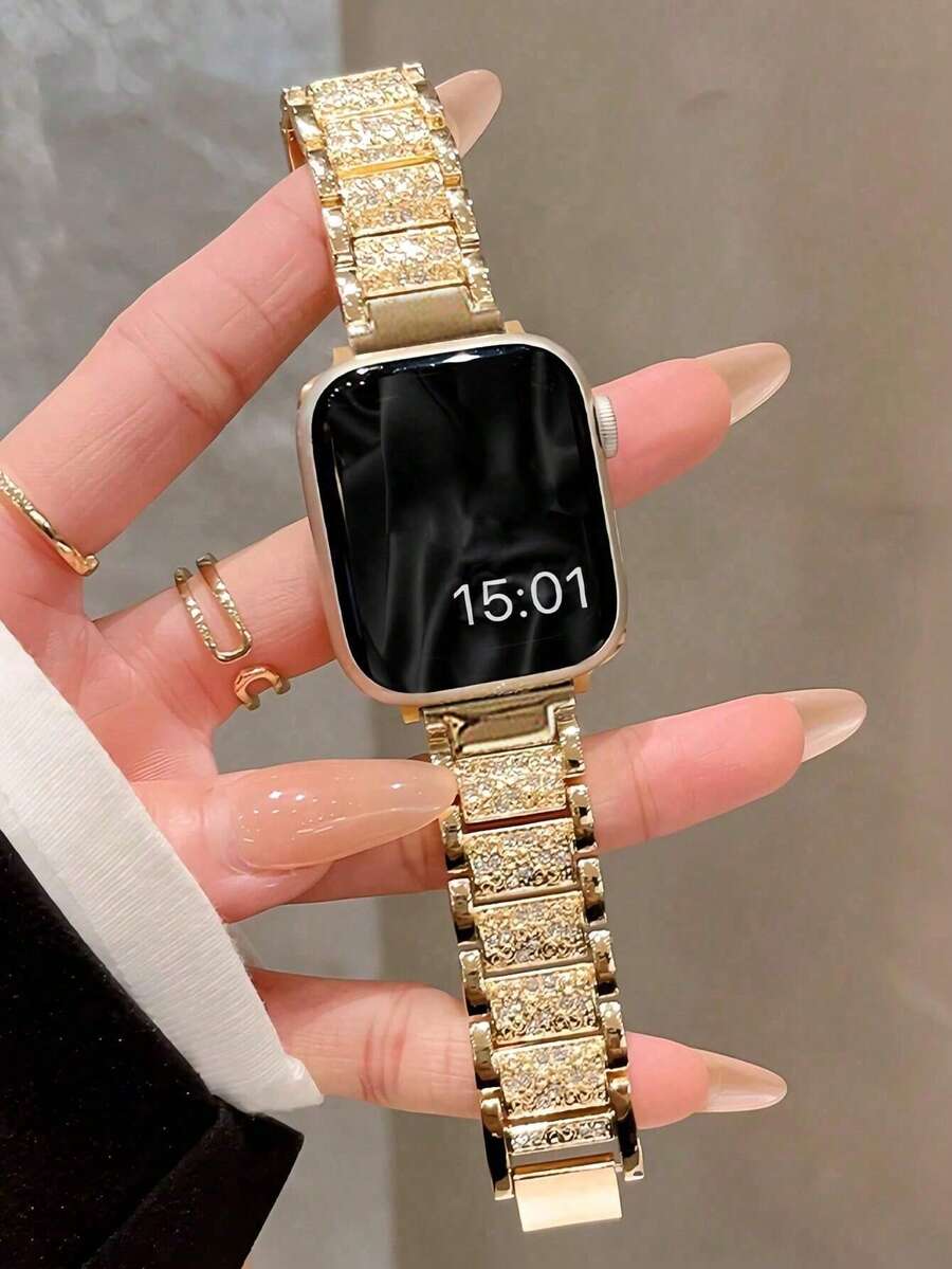 1条兼容表带，提供38mm、40mm、41mm、42mm、44mm、45mm、49mm尺寸，女士珠宝替换金属表带，闪亮，适用于S9，水钻复古表带，金属表带，S8女士Ultra2表带，兼容SE9/8/7/6/5/4/3/2/1 Apple Watch8，水钻女孩第七代新款SE创意S6高端金属手表，搭配夏季配饰 - 金色 - 查看 1