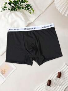 Men's Black Printed Boxer Briefs With "Love Wife" Letter Graphic, Elastic Everyday Underwear - Black - View 2