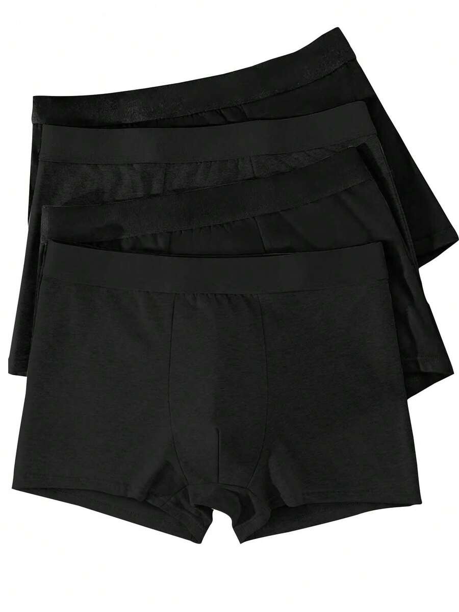 4 piezas/paquete Calzoncillos tipo bóxer de algodón de unicolor para hombre, pantalones cortos casuales de tiro medio para hombre