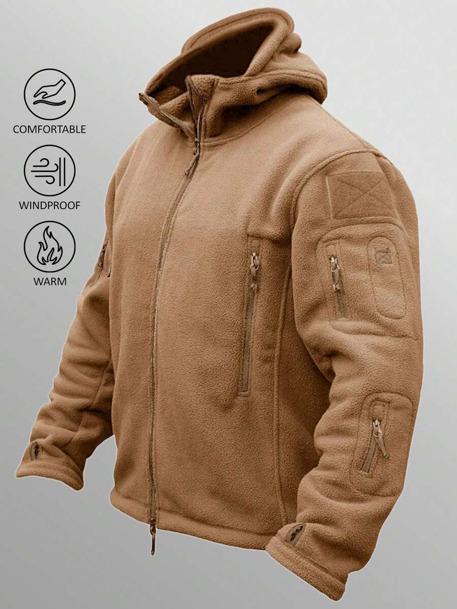 KEFITEVD Men's Fleece Jacket Zip Up Hoodies Fall Winter Coat Soft Comfort Thickened Polyester Fleece Multi-Pocket Hooded Jacket Thumb Hole Design Windproof Warm Jacket Outdoor Activities Training Hiking Camping Fishing Cycling