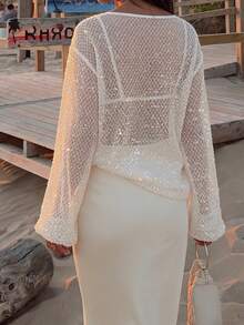 Doriss Vacation Style 两件套露肩泡泡袖网纱亮片透视上衣和半裙套装，适合返校、度假、派对、舞会等场合，做工精致，是夏季女士服装、音乐会服装、早午餐服装、婚礼宾客礼服的理想之选，充满波西米亚风情。 - 杏色 - 查看 5