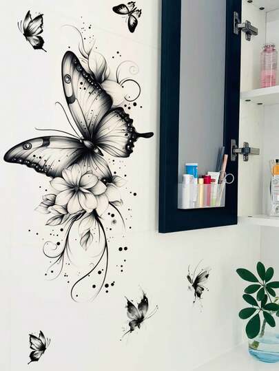 1张水墨花卉蝴蝶墙贴，可移除，适用于卧室、客厅等房间装饰