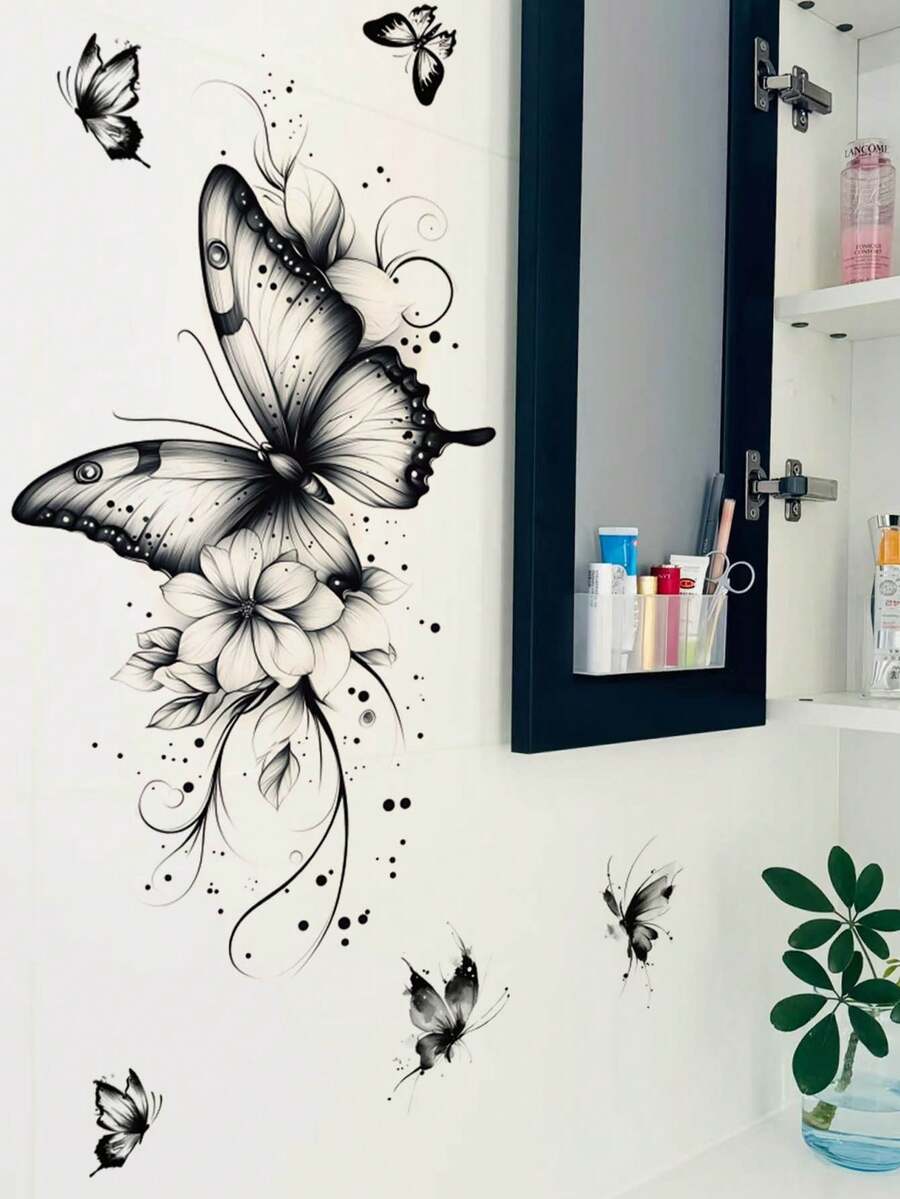 1pc Ink Flower & Butterfly Wall Decal Sticker, Removable Room Decoration For Bedroom, Living Room - 1PC - View 1