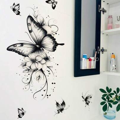 1pc Ink Flower & Butterfly Wall Decal Sticker, Removable Room Decoration For Bedroom, Living Room
