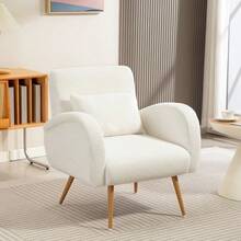 Upholstered Armchair, Fleece Cover, Integrated Lumbar Cushion, Metal Legs, Reading Chair, Cream White - White - View 2