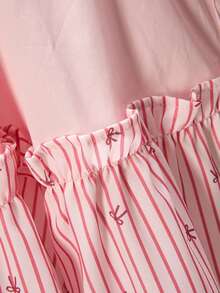 女士春季休闲度假日常通勤拼接蝴蝶结条纹印花荷叶边长袖衬衫 - 粉色 - 查看 5