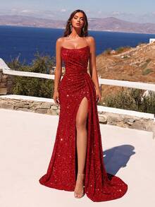 ADYCE Đầm maxi dài không dây vai, xếp ly, xẻ tà cao, đính sequin lấp lánh, chất liệu satin, thích hợp cho dạ hội, tiệc sinh nhật, tiệc tối trang trọng, hẹn hò, lễ hội, dự đám cưới, dạ tiệc trang trọng, họp mặt gia đình và các dịp khác. Màu đỏ mùa xuân. - Đỏ - Xem 3