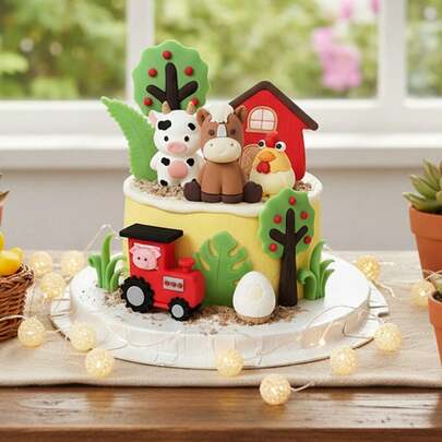 16pcs Cute Farm Animal Cake Decorations, Cow, Rooster, Barn Cake Toppers, Suitable For Birthday Party, Baby Shower, Baking Supplies, Birthday Cake Decor