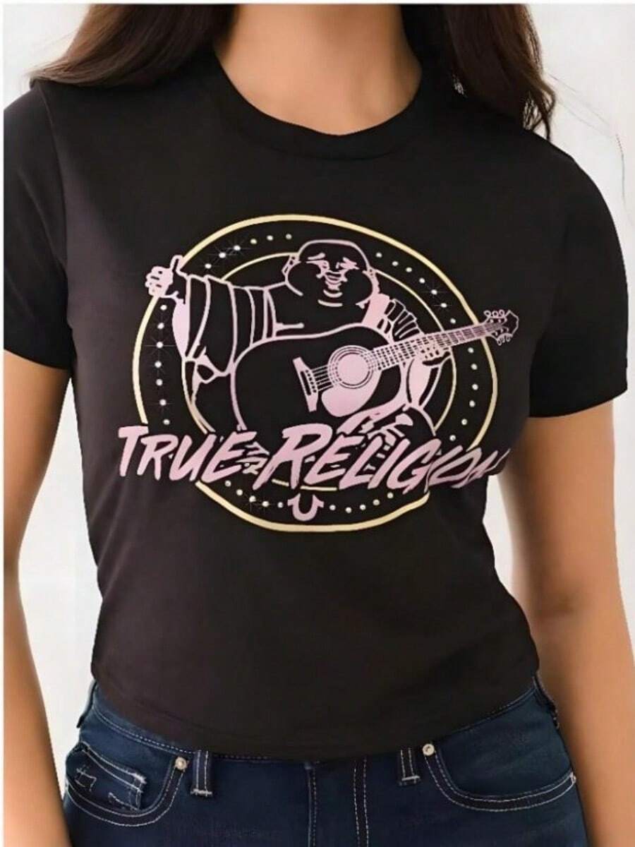 Comfortable Summer True Religions Wo Short Sleeve Short Sleeve T-Shirt Crew Neck Large Size European And American Sports Casual Top - 黑色 - 查看 1