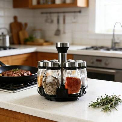 Premium Rotating Spice Organizer - 7-Piece Set With Durable Jars - Effortlessly Access Seasonings - Space-Saving Kitchen Storage For Countertop Or Cabinet - Modern Design, Ideal For Home And Dorm