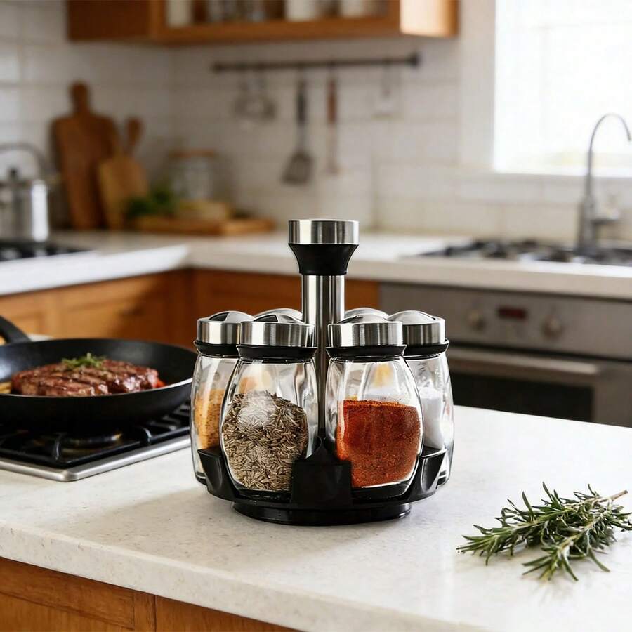 Organizator rotativ premium pentru condimente - Set de 7 piese cu borcane durabile - Accesați fără efort condimentele - Depozitare în bucătărie care economisește spațiu pentru blat sau dulap - Design modern, ideal pentru casă și cămin - Multicolor - Vizualizare 1