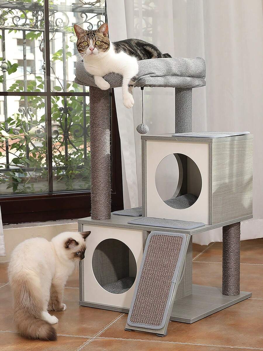 89 Cm Cat Tree, Cat Tower With Double Caves, Removable, Spacious Perch, Scratching Posts Fully Wrapped In Sisal, Interchangeable Dangling Balls, Grey - Xám - Xem 1
