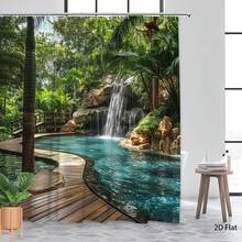 1 Piece Large Tropical Waterfall Shower Curtain (Including Hooks) -  Jungle Greenery And Waterfall Pattern, 71x 71inch (180x 180cm ) Bathroom Decorative Curtain, Suitable For Spa Centers And Bathrooms, Machine Washable, Scenic Shower Curtain, 2D Flat Design - 多色 - 查看 2