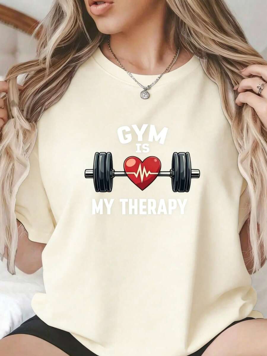 1 Pieza Camiseta de Mujer con Estampado, Estilo Realista de Fitness Camiseta Negra GYM CON ACTITUD CHICA, 1 PC Camiseta de Cuello Redondo para Mujeres, 180g 100% Algodón Puro, Fresca y Cómoda para la Vida Casual, Deporte, Gimnasio, Viaje, Regalo, Vacaciones de Verano, Día de la Independencia de México - Albaricoque - Ver 1