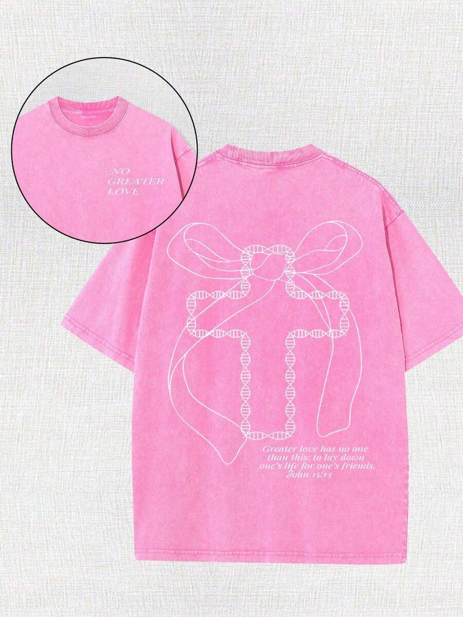 Women's Fun Christian, Cross, Jesus, Religious Belief, God Cartoon Letter Pattern Print On The Street, Korean Version Comfortable Retro Fashionable Commuting Versatile Y2k Women's Clothing, Regular Niche Punk Style Black Fitted Round-Neck Short-Sleeved Washed T-Shirt, Washed Retro Series Comfortable Pure Cotton T-Shirt, Easily Create Retro Casual Clothing, Suitable For Daily Commuting, Casual Outings, Daily Wear, Classic Retro Style Women's Clothing - Màu Hồng Tươi - Xem 1