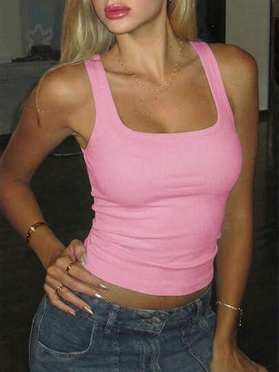 Vaiaye Women's Square Neck Sleeveless Camisole Top, Sexy Vintage Spaghetti Strap Tank Top, Beach Holiday T-Shirt, Women's Fitness Wear, Suitable For Daily Wear, Work Commute