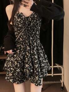 Đầm đen dáng suông, họa tiết hoa nhí bất đối xứng, thắt eo, chất liệu vải ngẫu nhiên, thích hợp cho kỳ nghỉ, phong cách thanh lịch. - Hồng Cam - Xem 3