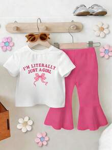 Bộ đồ thường ngày cho bé gái: Áo thun ngắn tay in hình nơ và khẩu hiệu, kết hợp với quần ống loe. - Màu Hồng Tươi - Xem 1