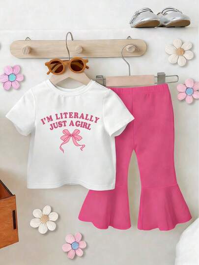 女婴标语蝴蝶结印花短袖T恤和喇叭裤休闲套装