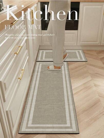 1 pieza Alfombra de gel de sílice para la cocina, con textura de lino gris claro y marco rectangular blanco con patrón geométrico, alfombra de cocina lujosa acolchada anti-fatiga. Superficie de tela, centro de esponja absorbente, parte inferior de goma antideslizante, aproximadamente 3,5 mm de grosor, se puede recortar al tamaño deseado