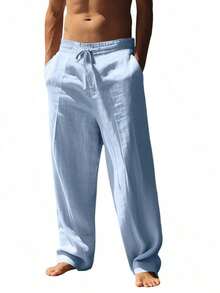Lightweight And Breathable Men's Trousers In A Solid Color, With Pockets, Offering A Relaxed Fit For Comfortable Wear At The Beach During The Spring And Summer Seasons. - Baby Blue - View 3