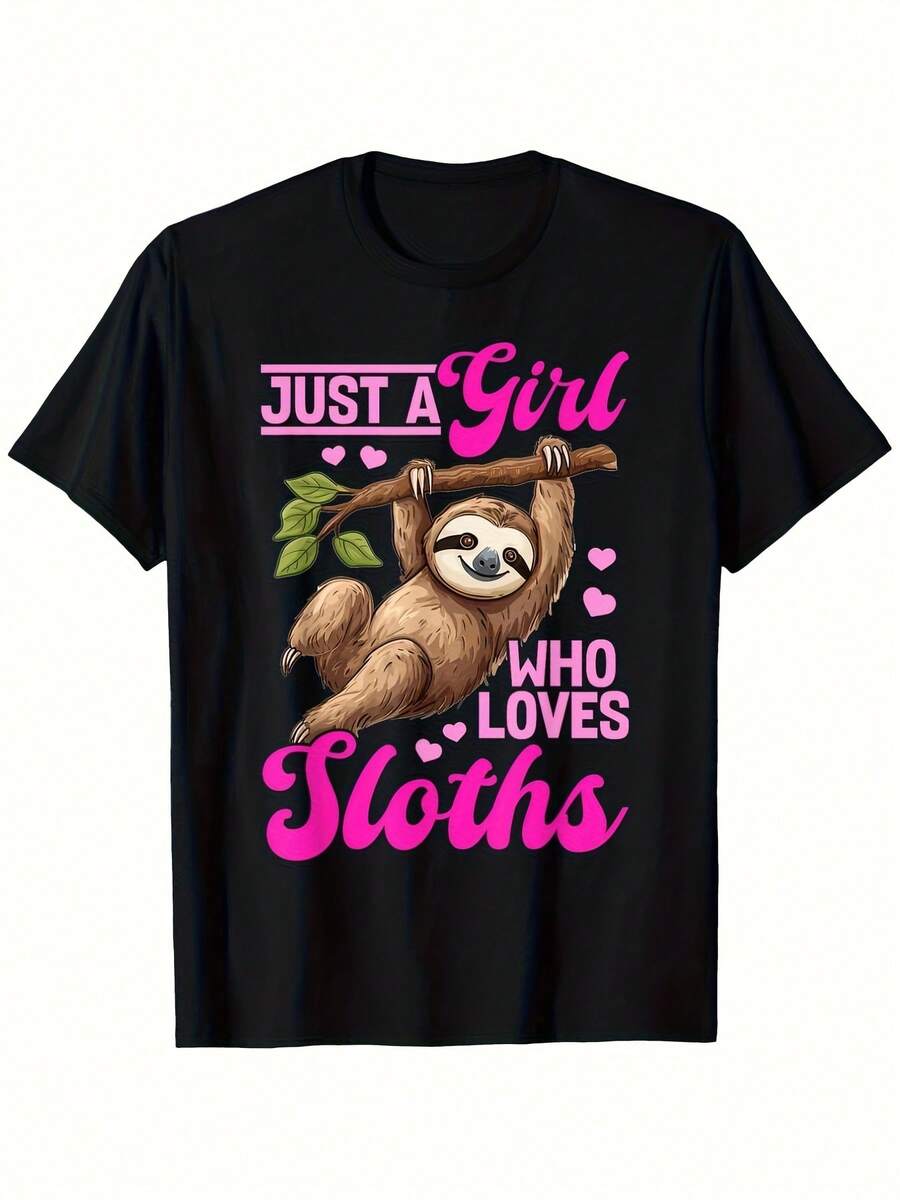 Funny Sloth Theme T-Shirt 100% Pure Cotton 180g Fabric Same Style For Men And Women, Ideal For Friends And Family Gifts S-XXXL Size, Black[Hipster Design]Street-Style Women's Tee, Comfortable Cotton Round Neck Short Sleeve, Unisex Design - 黑色 - 查看 1