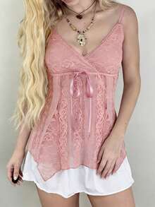 Y2k Lace V-Neck Camisole Women Lace-Up Spaghetti Strap Sleeveless Tank Tops Aestheic 2000s Tops Fairycore Summer Clothing Streetwear Top Vacation Beach Wear Going Out Valentine's Day Back-To-School Casual Pink - Pink - View 5