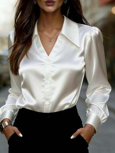 女士优雅白色缎面衬衫，常规长袖，衬衫领纽扣细节