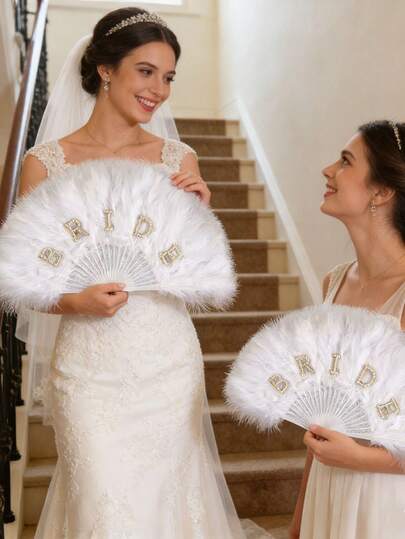 Pearl White Feather Folding Fan, Suitable For Wedding, Bachelorette Party As Decoration, Daily Photography Prop, Pearl Letter "Bride" Bridal Wedding Gift