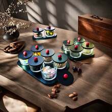 1 Set Chinese Style Wooden Glass Dried Fruit Plate With Lid, Grid Snack Storage Jar With Wooden Tray - Black - View 7