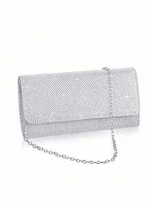 Conjunto de joyería para fiesta de 4 piezas: Bolso de embrague minimalista de moda para mujer, bolso de hombro con cadena, bolso de fiesta, collar con strass, aretes con cadena de garra - Plateado - Ver 2