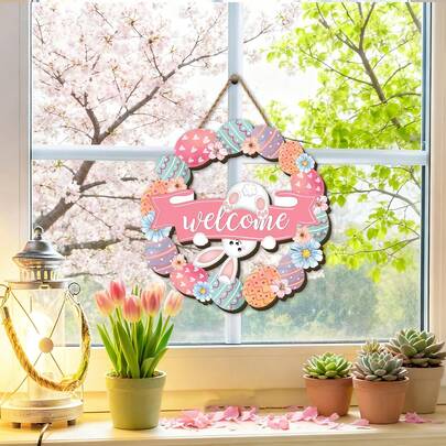 1pc Easter Bunny Egg Wreath Decor, 2D Wooden Wall Hanging, Spring Holiday, Theme Party Atmosphere Decoration, Home Decor, Outdoor Yard Decor, Easter Gift, Suitable For Door, Window, Wall Hanging