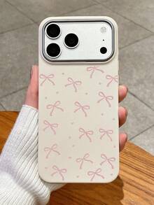 Cute Sweet Style Pink Bow Heart Print Phone Case, Simple Large Hole Soft TPU Anti-Drop White Phone Protective Cover, Compatible With IPhone - White - View 2