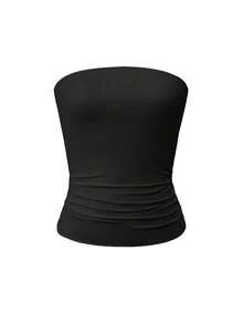 Áo camisole cơ bản không dây gợi cảm dành cho nữ cỡ lớn Vaiaye, màu trơn thời trang, co giãn, ôm sát, phù hợp cho mọi mùa, lý tưởng cho ngày Valentine, màu đen mùa hè. - màu đen - Xem 3