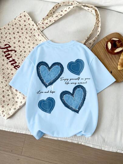 牛仔风爱心印花圆领短袖T恤，舒适新款春夏女童服装
