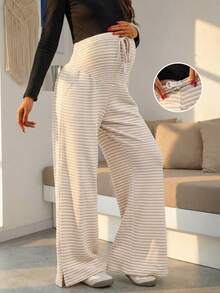 Pantalones rectos de maternidad con rayas elásticas, con cintura ajustable para soporte de vientre, con abertura en el bajo, pantalones anchos para uso diario en casa y al aire libre en verano - Albaricoque - Ver 2