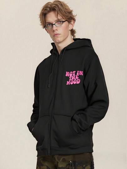 Men's And Women's Fashion Autumn/Winter Laundry Bag Hoodie Hip Hoo Campus Style Black And Pink Letter Zipper Sweatshirt | Autumn/Winter Versatile Lazy Person's Blessing NOT IN THE MOOD | Social Anxiety Survival Jacket Double-Sided Printed Design Hoodie Jacket Street Fashion Jacket Loose Casual Men's Sweater, Comfortable All Seasons