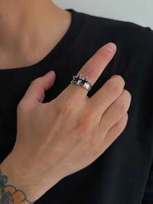 1pc Retro Geometric Arc Drip Oil Five-Pointed Star Charm Metal Open Ring, Rockstar Punk High-End, Casual Minimalist, Street Snap, Daily Holiday Versatile Jewelry Fashion Men's Ring Gift - Ring - View 9