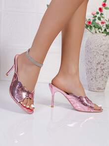Giày sandal cao gót nữ đính sequin nhiều màu sắc, chất liệu da PU, kiểu dáng mùa hè. - Hồng - Xem 4